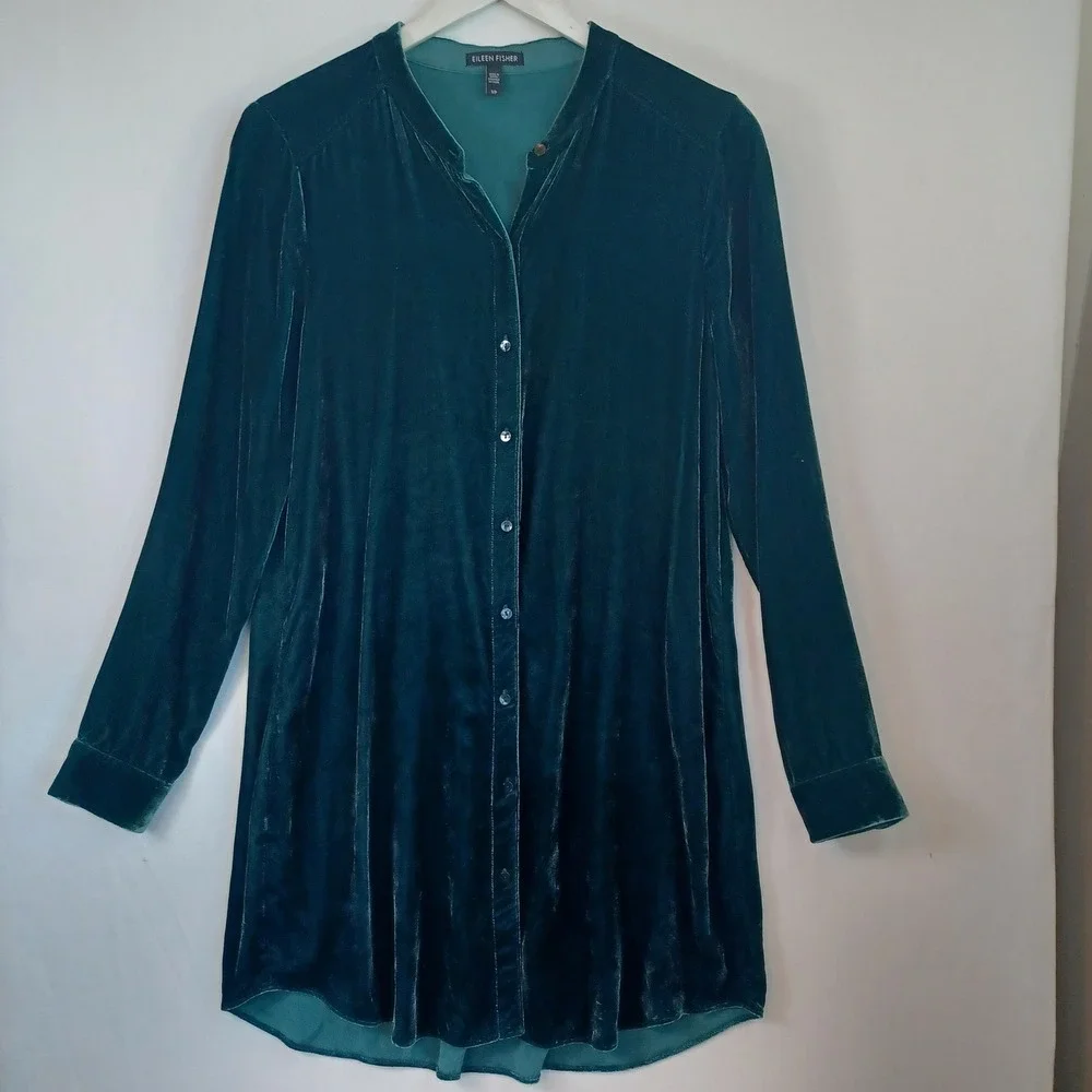 Eileen Fisher Velvet Mandarin Collar Button Front‎ Shirt Dress Size Sm Teal